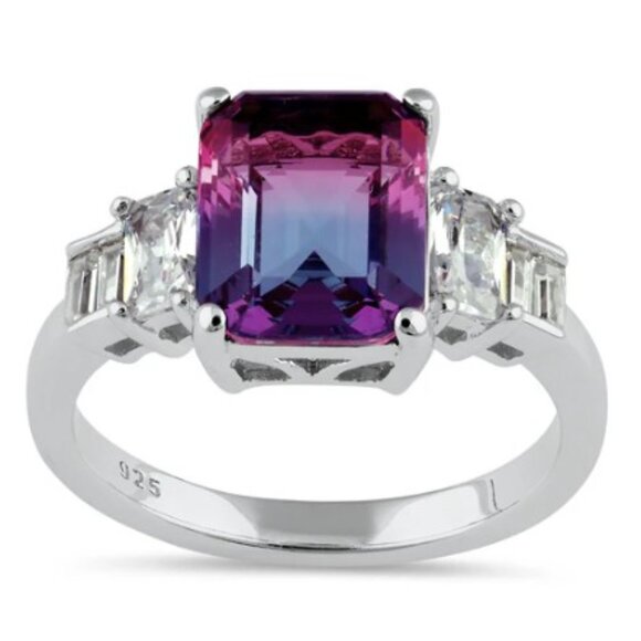 925 STERLING SILVER Bicolor Cubic Zirconia & Baguette Ring Blue & Pink - Picture 14 of 16